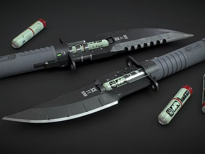 Tactical Military Weapon Knives With Sharp Blades Black Handles And Ammunition Cartridges 3d model
