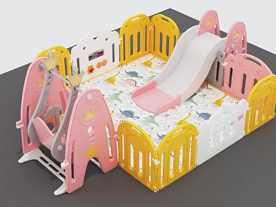 Kids Playground With Pink Yellow Playpen Slide Swing And Dinosaur Print Mat 3d model