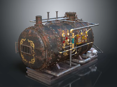 Rusty Cylindrical Industrial Equipment With Golden Decorations And Metal Pipes 3d model