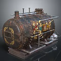 Rusty Cylindrical Industrial Equipment With Golden Decorations And Metal Pipes