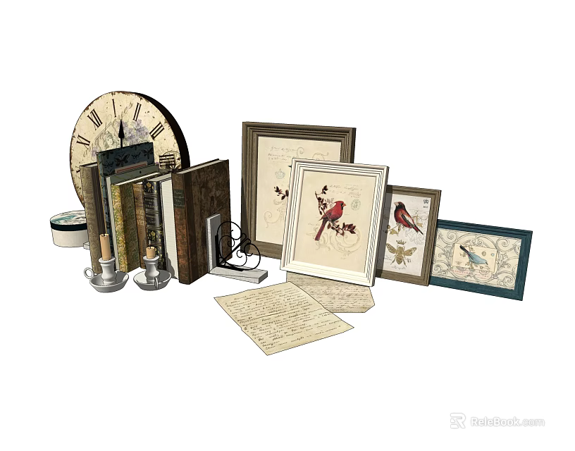 Vintage Decorative Ornament Set with Clock Books Candle Holder Picture Frames Bird Designs and Paper 3d model 