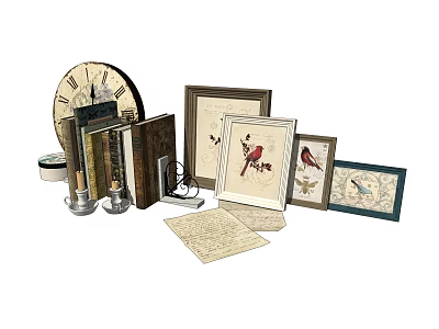 Vintage Decorative Ornament Set with Clock Books Candle Holder Picture Frames Bird Designs and Paper 3d model
