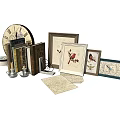 Vintage Decorative Ornament Set with Clock Books Candle Holder Picture Frames Bird Designs and Paper