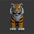 Plush Tiger Toy With Orange Black Stripes And White Paws Standing On Dark Background
