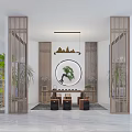Modern Interior Space Featuring White Pillar Lattice Screen Green Plants Round Table And Laptop