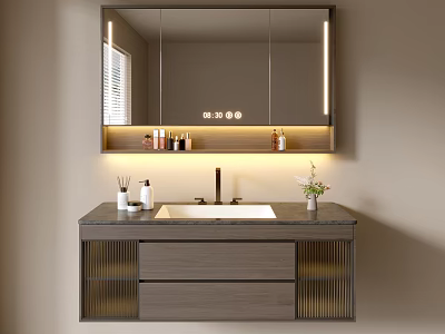 Modern Bathroom Vanity Cabinet with LED Mirror Stone Countertop Wooden Frame Drawers and Toiletries 3d model