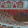 School Auditorium Interior Design With Stage Seats Chandeliers And Arched Windows