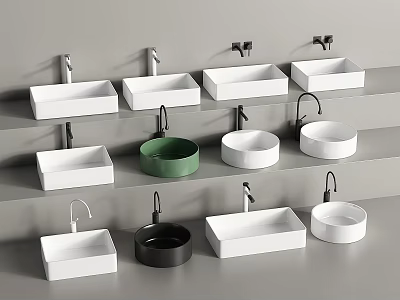 Various Modern Bathroom Sinks Displayed On Shelves With Different Shapes And Colors 3d model