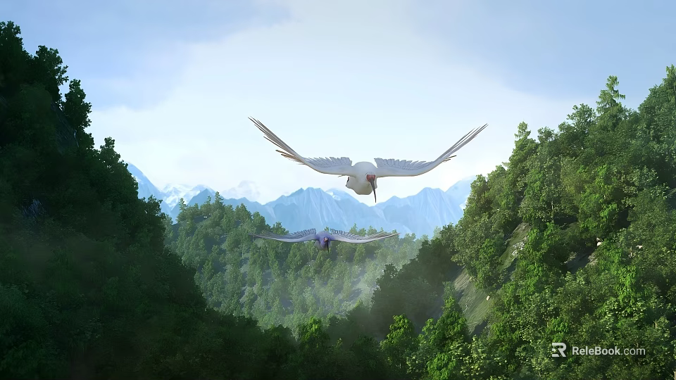 Aerial View Landscape Planning With Lush Forests Snowy Mountains And Flying Birds 3d model 
