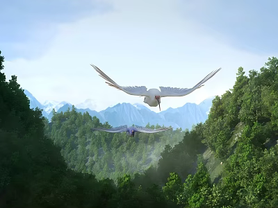 Aerial View Landscape Planning With Lush Forests Snowy Mountains And Flying Birds 3d model