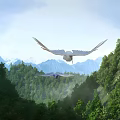 Aerial View Landscape Planning With Lush Forests Snowy Mountains And Flying Birds