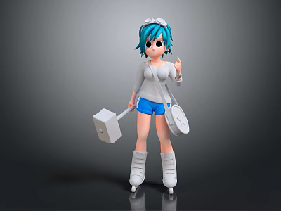 Blue Haired Cartoon Character In Gray Top Blue Shorts With Hammer Bag And Roller Skates 3d model