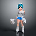 Blue Haired Cartoon Character In Gray Top Blue Shorts With Hammer Bag And Roller Skates