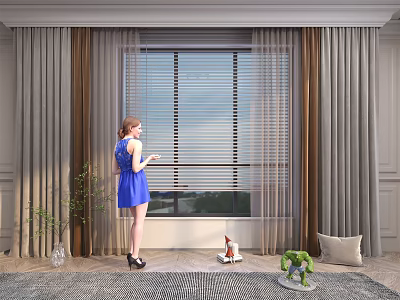 Stylish Window Blinds Adjusted By Woman In Modern Living Room Interior 3d model