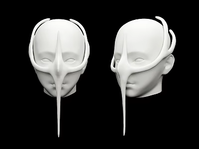 White Abstract Head Models With Unique Facial Structure And Curved Decorations 3d model