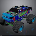 Colorful Monster Truck With Large Blue Tires And Detailed Green Body Design