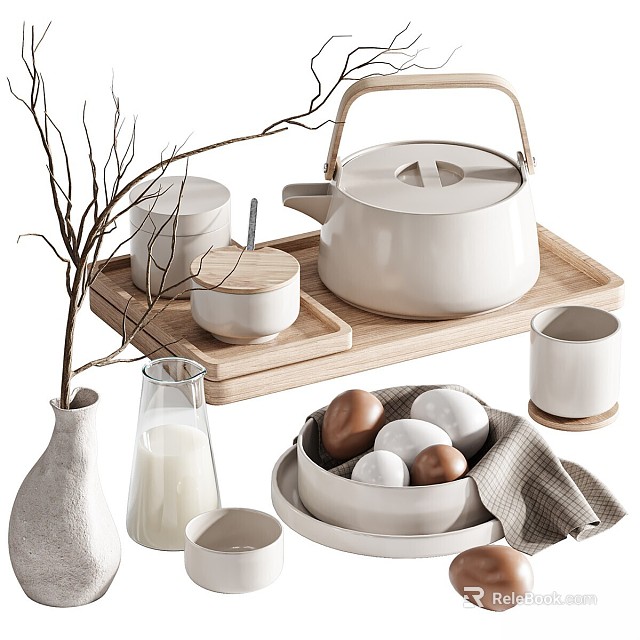 Elegant White Ceramic Tableware Set With Teapot Bowls Cups And Wooden Tray 3d model 