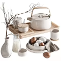 Elegant White Ceramic Tableware Set With Teapot Bowls Cups And Wooden Tray
