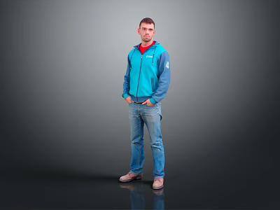 Man Standing On Gray Background With Blue Jacket Red Inner Shirt And Blue Jeans 3d model