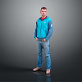 Man Standing On Gray Background With Blue Jacket Red Inner Shirt And Blue Jeans