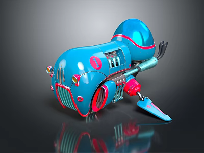 Blue Sci Fi Mechanical Character With Rounded Design And Red Accents 3d model
