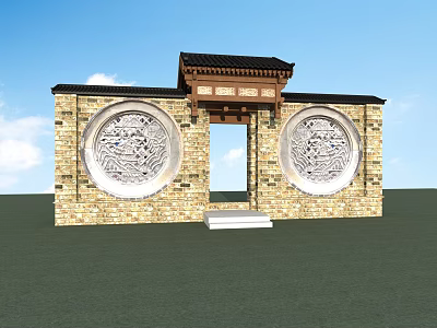 Chinese Traditional Gate With Circular Carvings And Brick Wall Structure 3d model