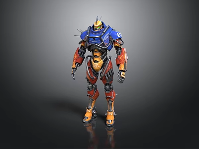 Game Movie Robot Character With Blue Orange Armor And Spiked Mechanical Design 3d model