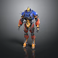 Game Movie Robot Character With Blue Orange Armor And Spiked Mechanical Design