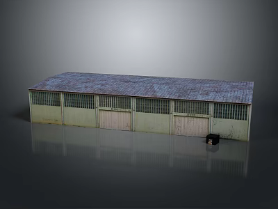 Industrial Warehouse Building With Gray Roof Light Green Walls Barred Windows And Double Doors 3d model