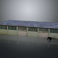 Industrial Warehouse Building With Gray Roof Light Green Walls Barred Windows And Double Doors