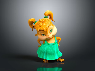 Cute Animated Squirrel Character Girl With Blonde Pigtails Green Dress And Big Eyes 3d model