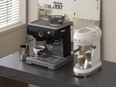 Modern Kitchen Appliances Featuring Black And White Espresso Coffee Machines On Countertop 3d model