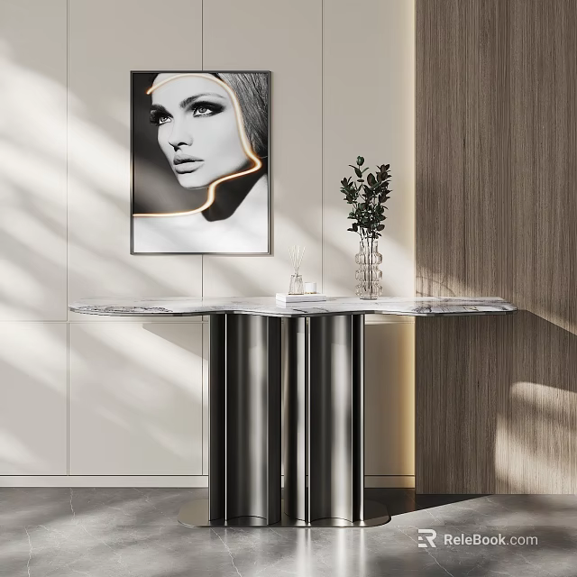 Modern Console Table With Marble Top Metal Frame Decorative Vase And Artwork 3d model