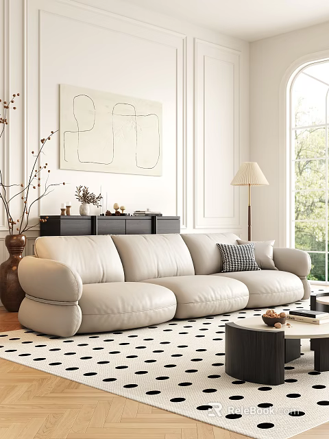 Modern Living Room With Beige Sofa Coffee Table Set Abstract Painting Floor Lamp And Greenery 3d model 