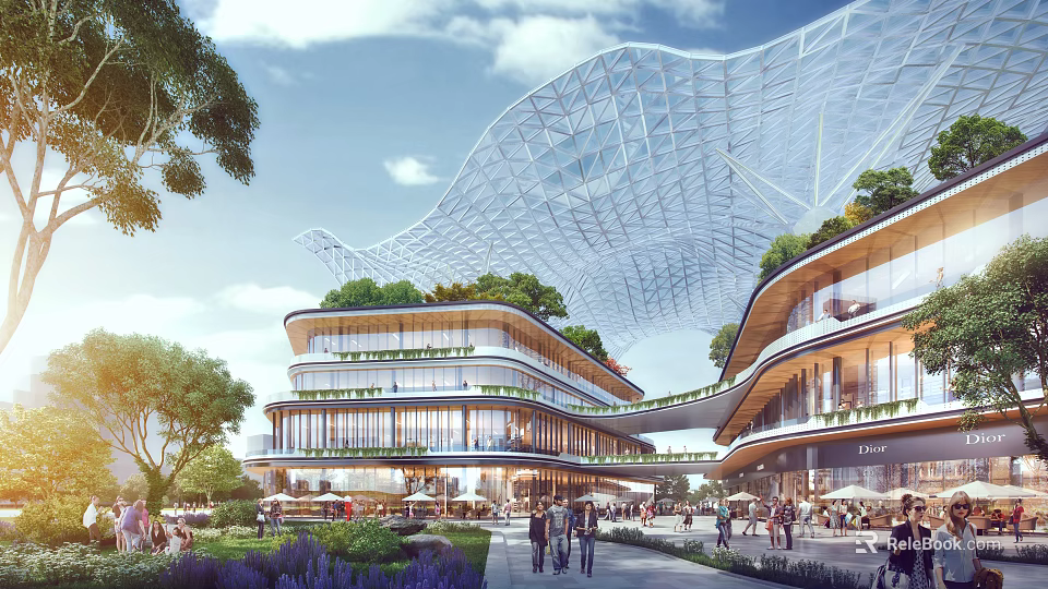 Modern Commercial Street With Greenery Glass Roof And Pedestrian Walkways 3d model 