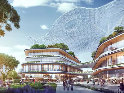 Modern Commercial Street With Greenery Glass Roof And Pedestrian Walkways 3d model