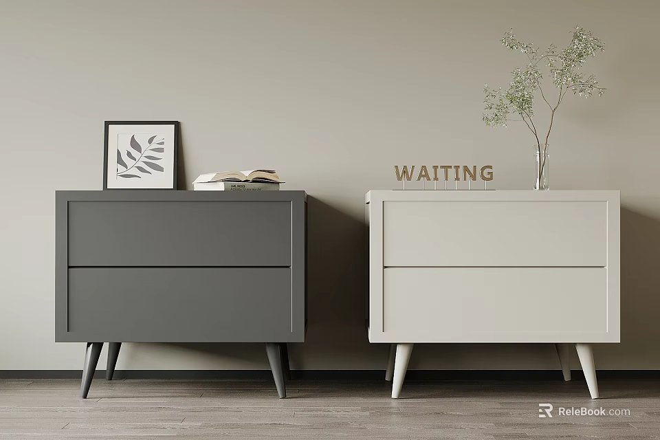 Gray and Ivory Bedside Tables with Drawers Framed Leaf Art Book Vase and Plant 3d model 
