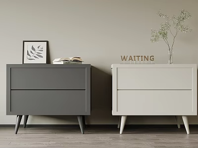 Gray and Ivory Bedside Tables with Drawers Framed Leaf Art Book Vase and Plant 3d model