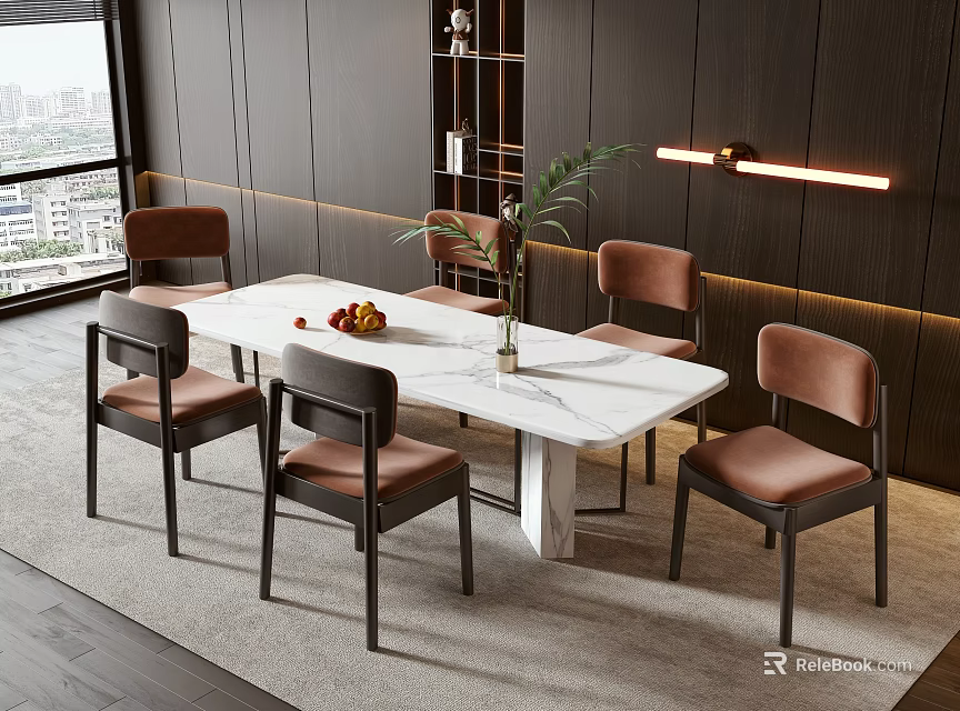 Modern Dining Table Set With White Marble Top Brown Chairs And Potted Plant 3d model 