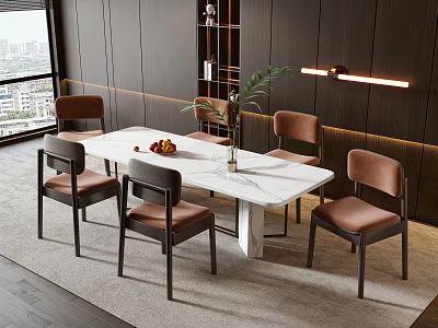 Modern Dining Table Set With White Marble Top Brown Chairs And Potted Plant 3d model