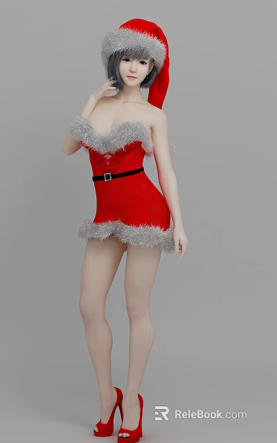 A woman wearing red Christmas dress with gray fur trim and black belt 3d model 