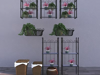 Creative Garden Decor With Black Metal Shelves Hanging Baskets Green Plants And Wicker Storage 3d model