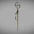 Vintage Metallic Decorative Pole With Intricate Top Structure And Green Ribbon Accent