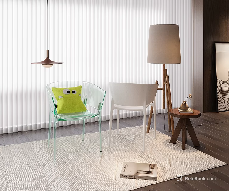 Modern Transparent Single Chair with Green Cushion and Floor Lamp near Blinds on Wooden Rug 3d model 