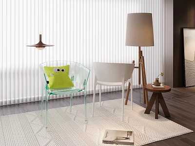 Modern Transparent Single Chair with Green Cushion and Floor Lamp near Blinds on Wooden Rug 3d model