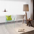 Modern Transparent Single Chair with Green Cushion and Floor Lamp near Blinds on Wooden Rug