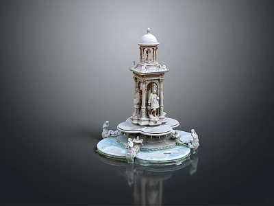 Ornate Multi Tiered White Architectural Model Featuring Dome Statues And Reflective Base 3d model