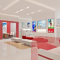 Modern Bank Interior With Red Counters Seating Digital Screens Bright Lighting And Large Windows 3d model