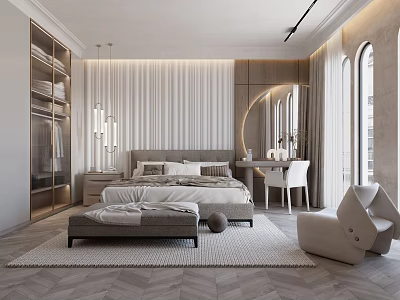 Modern Bedroom Interior With Striped Wall Platform Bed Built In Wardrobe And Round Mirror 3d model