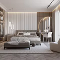 Modern Bedroom Interior With Striped Wall Platform Bed Built In Wardrobe And Round Mirror